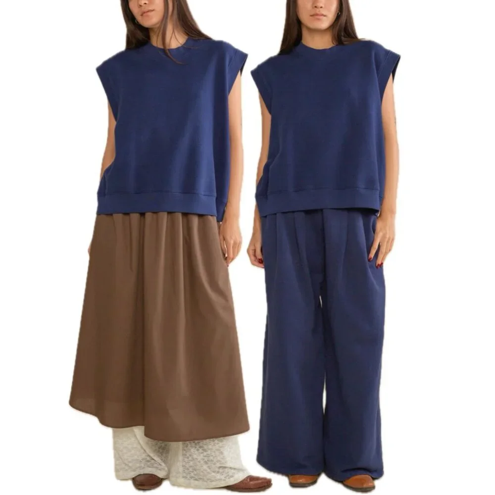 (NWOT) NLT Cotton-Fleece Boxy Garment-Dye Sleeveless Sweatshirt Vest (True Navy) - Picture 2 of 16